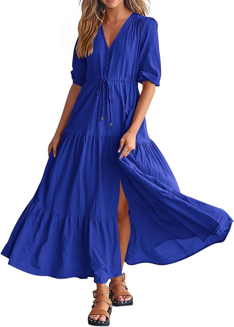 BTFBM Women Summer Dresses Short Sleeves V Neck Button Drawstring Maxi Dresses Solid Color Boho Long Dresses (Small, Solid Royal Blue)