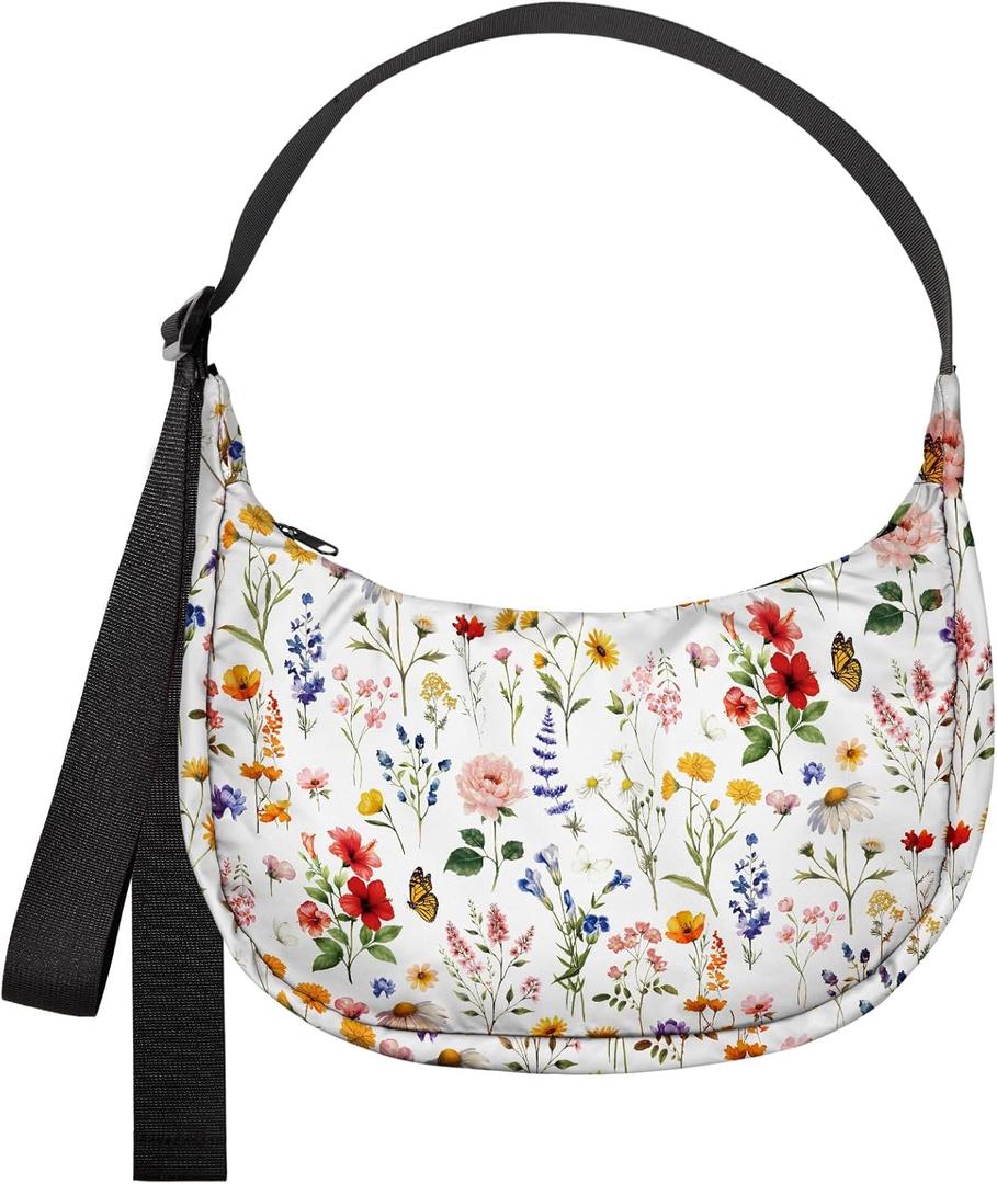 Crescent Bag for Women - Nylon Small Crossbody Bags for Women Adjustable Shoulder Strap Cute Waterproof, for Travel (White Floral)