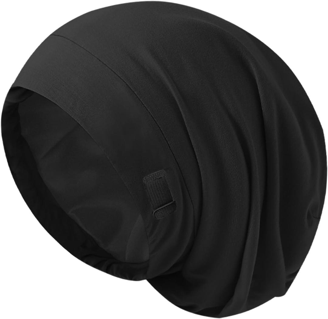 Silk Bonnet for Sleeping Women, Adjustable Silky Satin Lined Sleep Cap, Silk Hair Wrap Slouch Beanie Hat (Black)