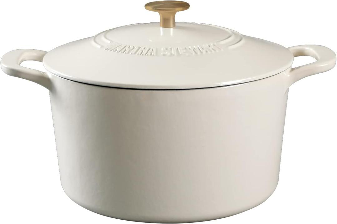 MARTHA STEWART Gatwick 7-Quart Enamel Cast Iron Dutch Oven  Linen White With Gold  Heavy-Duty Dutch Oven for Slow Cooking, Braising & Baking