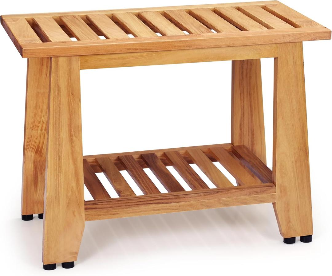 Teak Shower Bench, 24'' Heavy Duty Teak Wood Bathroom Seat, Water-Resistant Spa Bath Stool with Non-Slip Rubber Feet and Storage Shelf for Inside Shower and Outdoor Use, 350 lbs Capacity