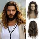 Baruisi Long Curly Wavy Brown Wigs for Men Synthetic Natural Party Halloween Cosplay Hair Wig