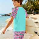 MIGU Boys Swim Set 12-14 Short-Sleeved Rash Guard Bathing Suit 2 Piece Green and Pink Patchwork Pineapple and Coconut Tree Printed Boys Swimsuit and Swim Trunks (Pink)