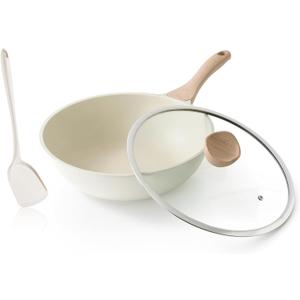 Kordisen Nonstick Wok with Lid, 12 Inch Woks & Stir-fry Pans, Healthy Coating Induction Cookware, Compatible with All Stovetops, PFOA Free (Cream White)