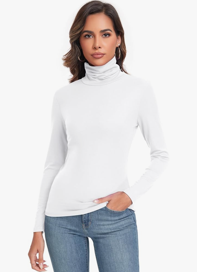 Women's Long Sleeve Casual Lightweight Turtleneck Top Slim Fit Thermal Active Layer Shirts, White, L