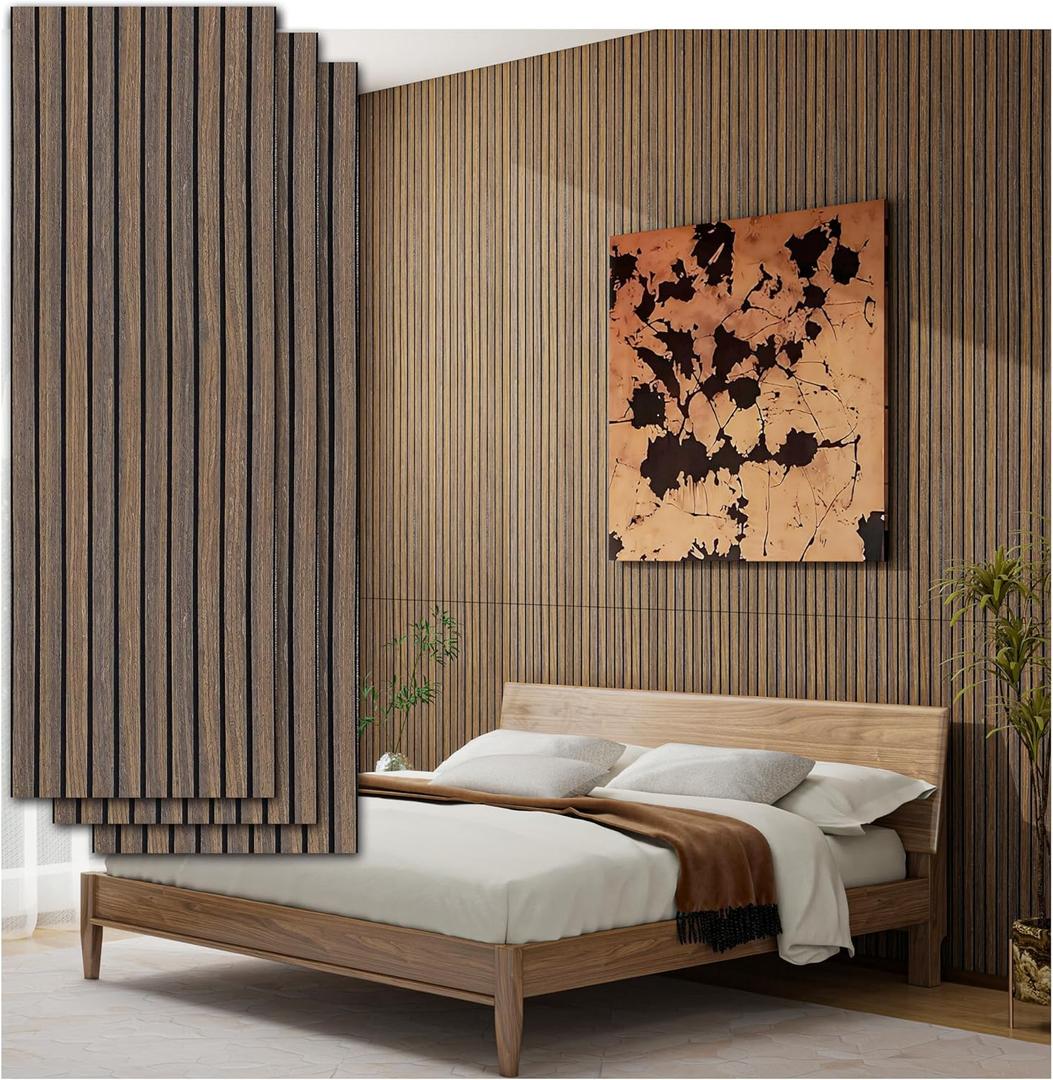 Peel and Stick Acoustic Wall Panels 8-Pack 43.3" * 11.8"  3D Wood Slat Sound Absorbing Panels for Home Theater, Office & Bedroom  Easy DIY Installation, Dark Walnut Finish