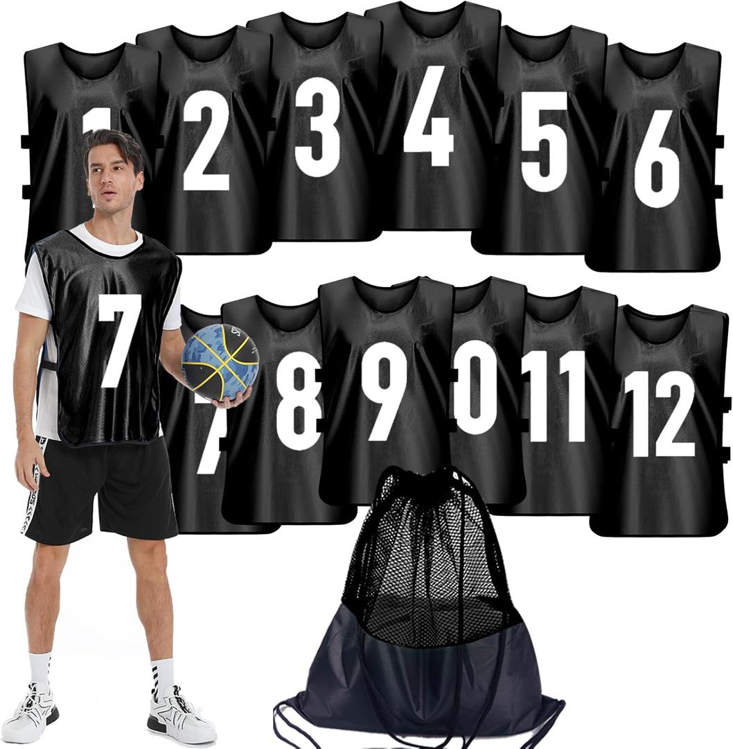 Scrimmage Training Vest (12 Pack) Team Sports Pinnies Jerseys for Adult Youth Soccer Bibs Numbered Practice Jerseys (Medium, Black)