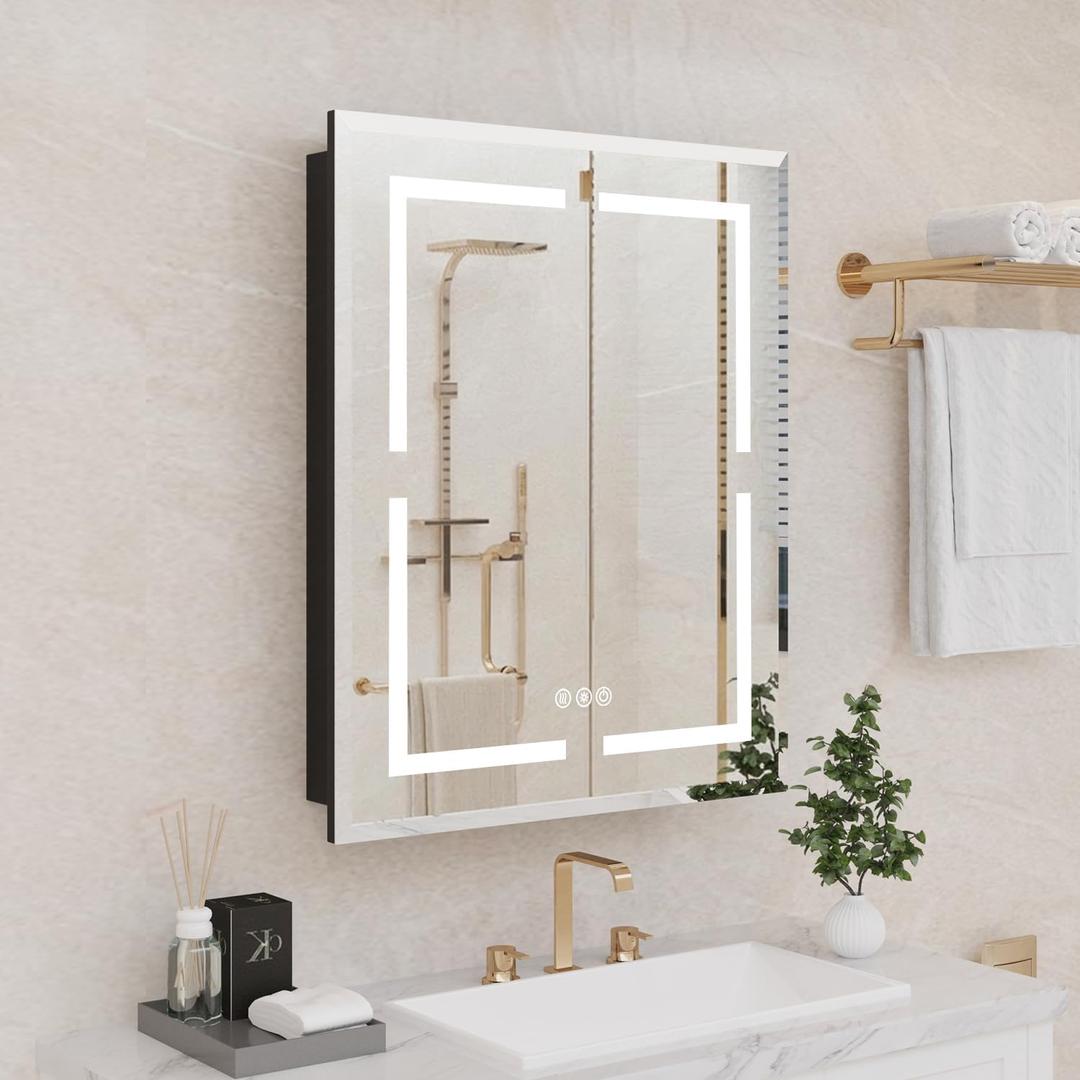 Medicine Cabinet, LED Mirror Cabinet for Bathroom with 3-Color with Mirror Defog, Recessed or Surfaced Wall-Mounted (24X30)