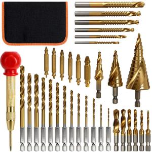 35 PCS Drill Bits Set, 3 Step Drill Bits, 13 Twist Drill Bits, 6 Taps(M3-M10) and 6 Screw Extractors, High Speed Steel Drill Bit Kit Titanium Coated Bits for Plastic Wood Metal, with Storage Bag