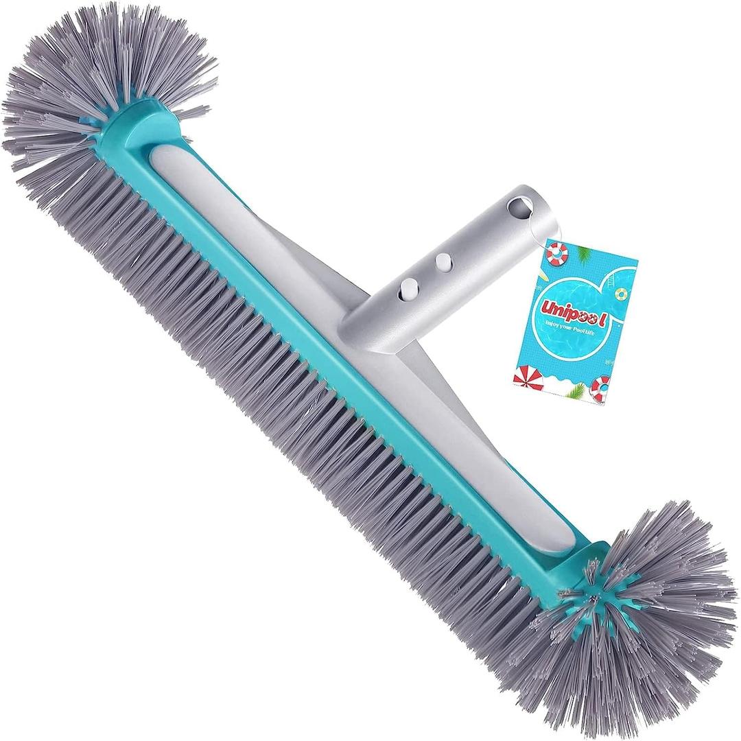 Swimming Pool Brush Head with Round Ends17.5" Heavy Duty Aluminum Back Head for Cleans Walls, Tiles & Floors, 7 Rows Premium Nylon Bristles with EZ Clips (Blue Grey)