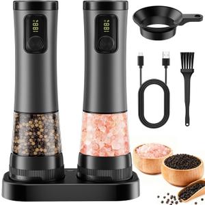 Electric Salt and Pepper Grinder Set - Rechargeable Salt Grinder with Led Power Display - Automatic Pepper Grinder with Storage Base - Pepper Mill with Light for Kitchen