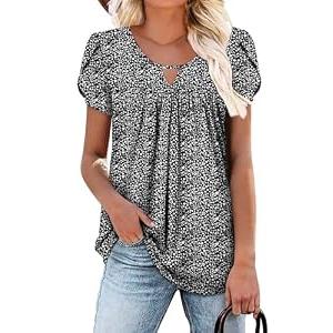 onlypuff Womens Tops Short Sleeve Cute Summer Clothes Pleated Plus Size Front Dressy Casual Blouses DenseBlack Floral XL
