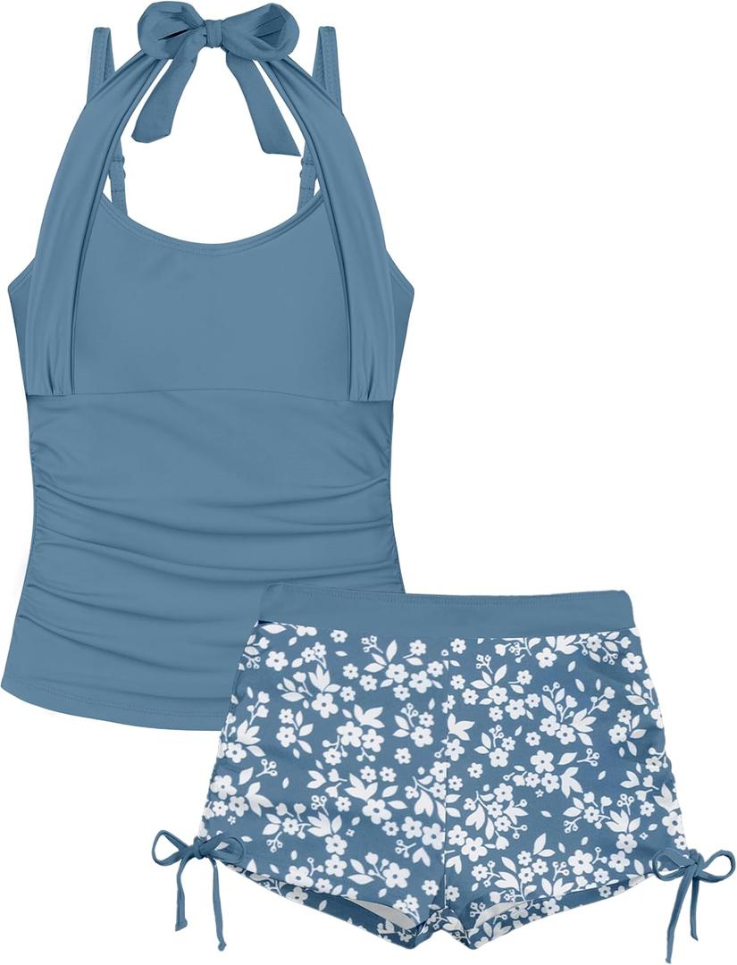 Girls Swimsuit 2 Piece Halterneck Girls Tankini Swimsuit Drawstring Printed Swim Shorts Girl Bathing Suit for 7-16T (11-12 Years, Grey Blue-1)