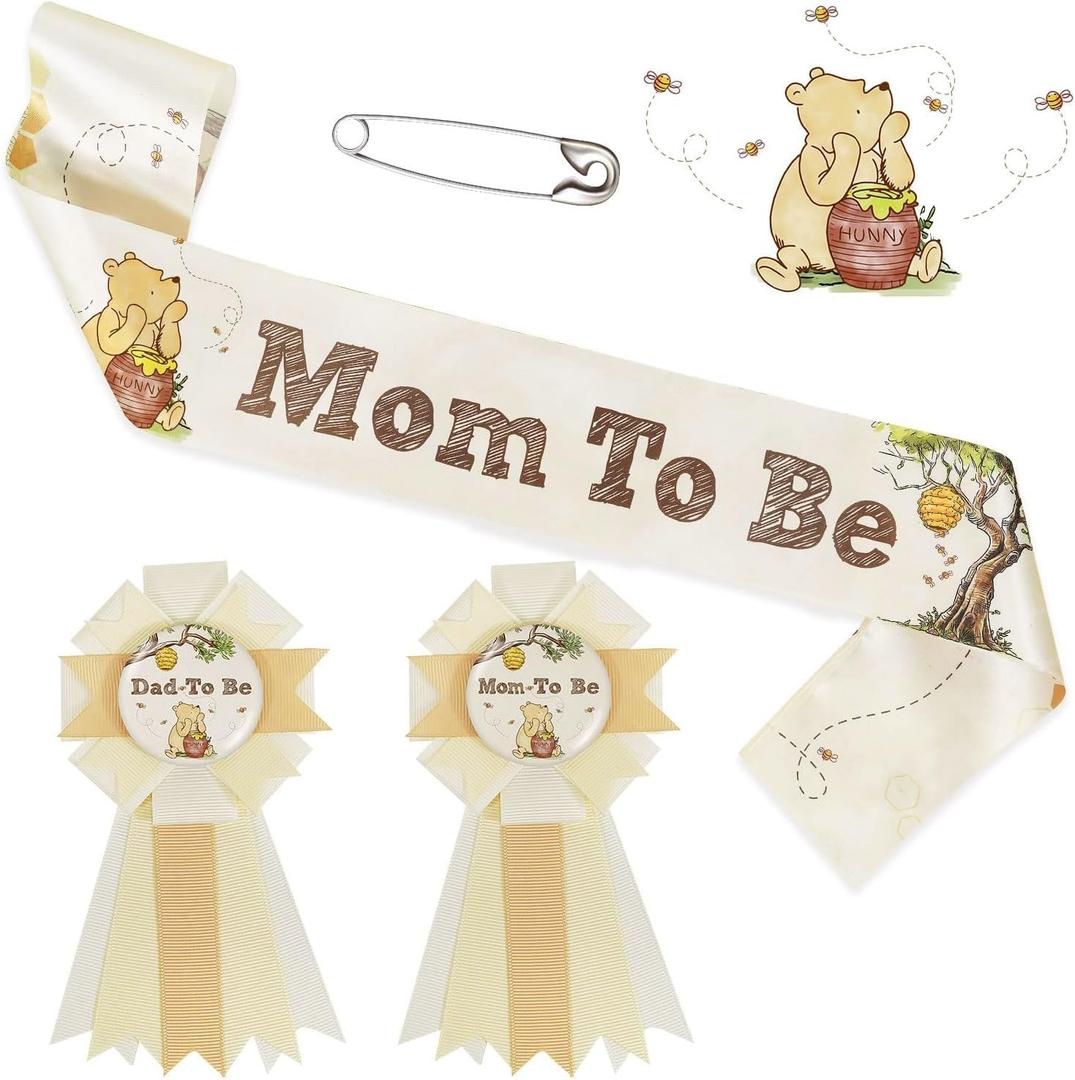 Classic Winnie Bear Baby Shower Decorations Mom to Be Sash Dad to Be Corsage Set, Neutral Vintage Pooh Bear Mommy to Be Sash Baby Shower Sash Set Winnie Gender Reveal Decorations Keepsake Gift