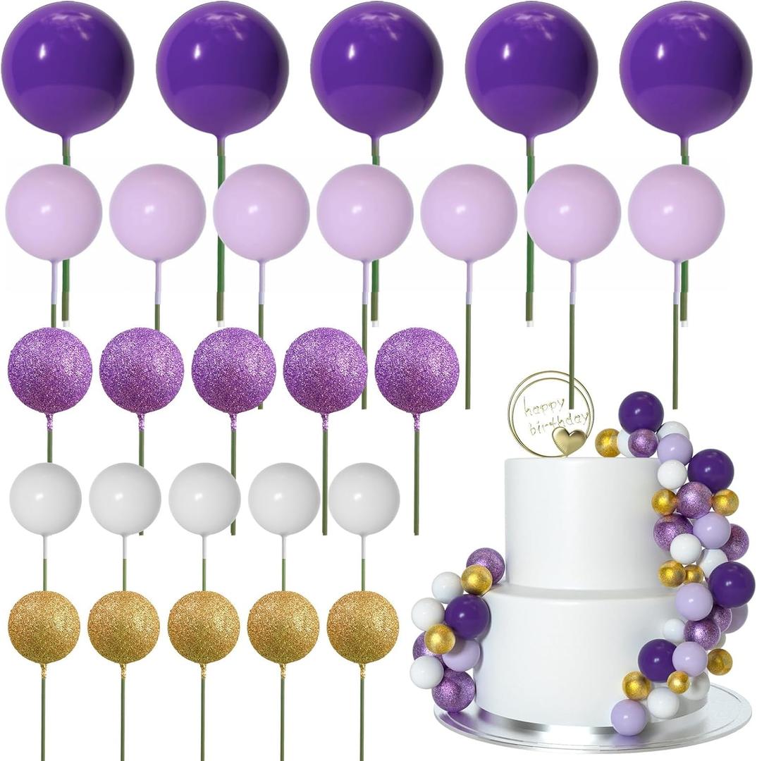 ASTARON 50 Pcs Ball Cake Topper Sticks Mini Balloons for Cake Decorating Supplies Foam Balls Cake decorations for Baby Shower Cake Birthday Cake Toppers Decorations (Purple Series)