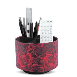QIELIZI Round Leather Art Supply Organizer,Remote Control Holder,360 Degree Rotating,Multi-Functional Pencil Holder,4 Compartments Desktop Stationary Organizer(1-3D Rose Red)