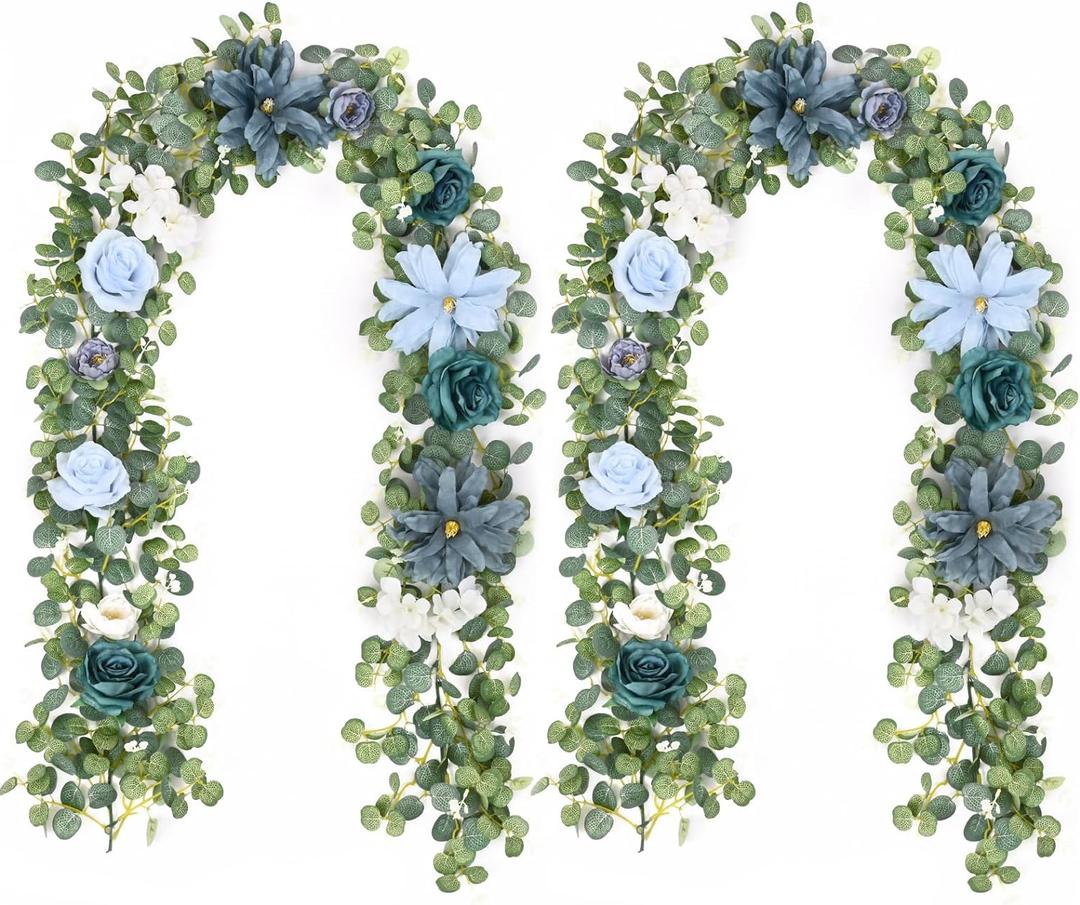 Waipfaru 2Pcs Artificial Eucalyptus Garland with Flowers 6.07Ft, Wedding Table Decorations, Floral Rose Garland for Centerpieces Backdrop Wall Flower Vines for Room Decor (Dusty Blue)