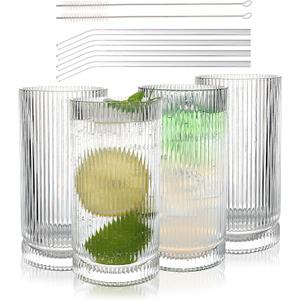 Vintage Ribbed Glassware Set with straws, 16oz Drinking Glasses, Origami Style Set of 4, Fluted Design, Ideal for Water, Iced Coffee, Juice, Beer, Milk, Cocktail, Gift