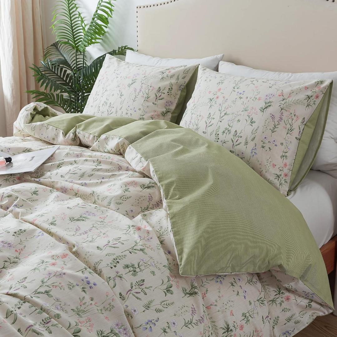 HoneiLife Floral Duvet Cover Queen - 100% Cotton Comforter Cover, Botanical Bedlinen Set for Queen Beds, 3-Piece Wildflower Comforter Cover Sets