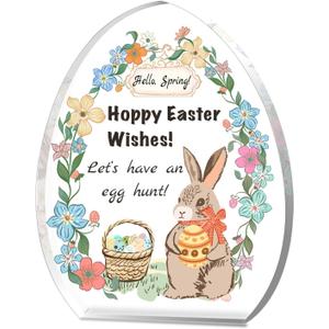 2 x Easter Acrylic Plaque Decor - Hello Spring! Egg-Shaped Gift for Couples with Bunny, Eggs & Basket, Festive Tabletop Decor