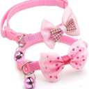 Pink Puppy Collar with Bell & Bow, 2-Pack Bowtie Cat Collar with Bells, Tiny Female Dog Collar for XXS Xs Small Pet Girl Dogs Kitten