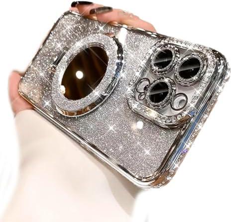 AuroiCCY for iPhone 16 Pro Case with Magnetic Ring Stand, [Compatible with MagSafe], Built in Make Up Mirror Shockproof Camera Lens Protector Bling Glitter Girls Woman Cover for iPhone 16 Pro, Silver