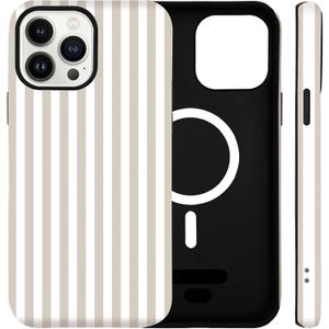 for iPhone 14 Pro Case Cute Striped Phone Case Compatible with MagSafe, Dual-Layer Shock Protection(Hard PC + Silicone) - Aesthetic Protective Phone Cover for Women Girl, Apricot