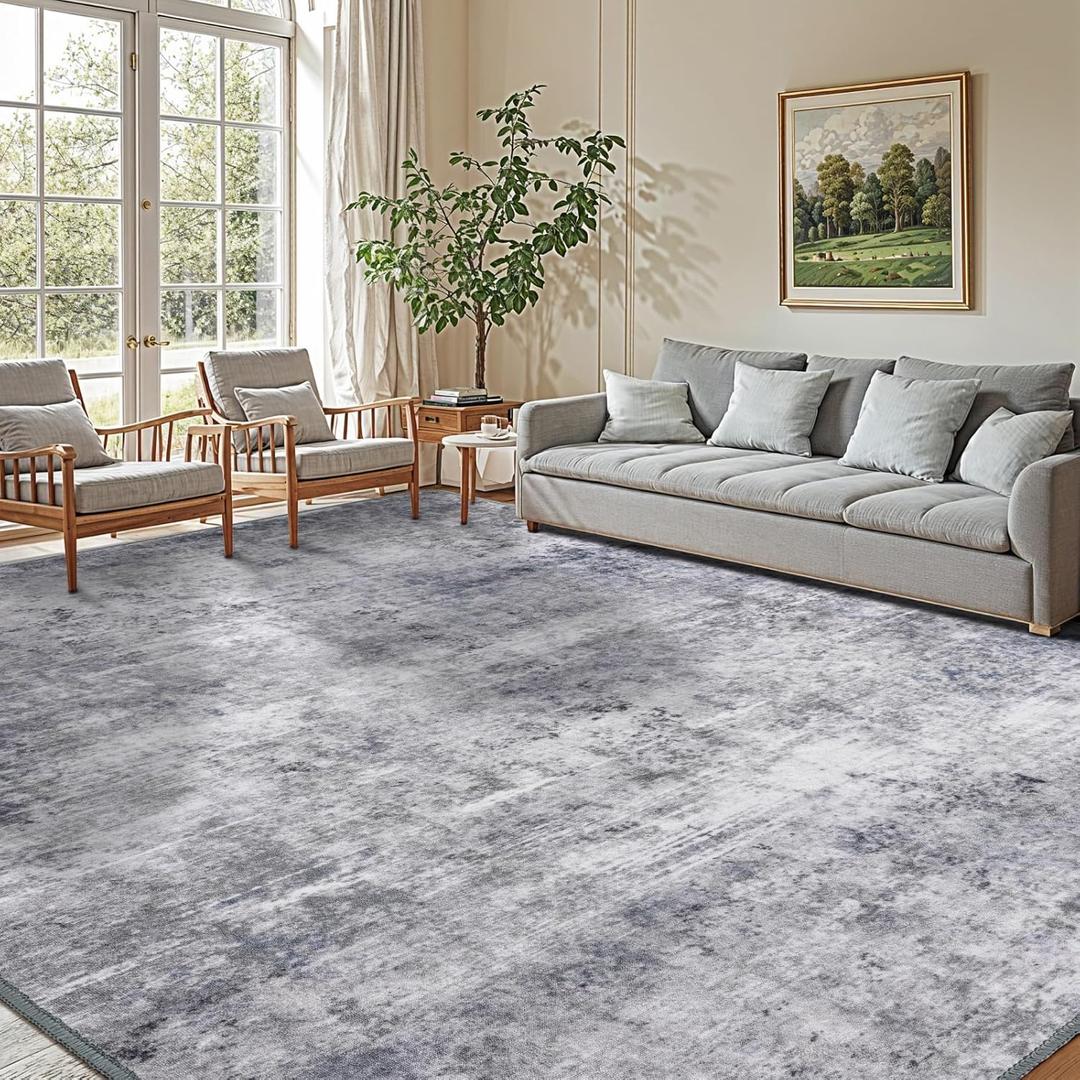 8x10 Area Rug for Living Room, Machine Washable Low Pile Rug Non Slip Foldable Large Soft Area Rug for Bedroom Under Bed, Dining Room Clearance, Big Carpet (Gray/Blue, 8'x10')