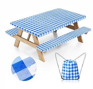 Picnic Table Cover with Bench Covers and Bag, Camping Table Camping Essentials Cover with Elastic Edges, 72x30 Inches 3 Pcs Set (Blue)
