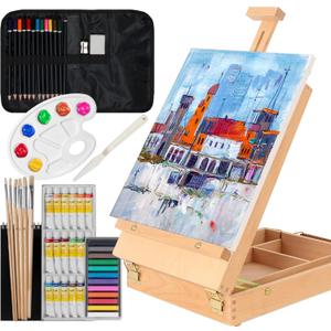 Kuyal Art Kit, 45 Piece Wooden Paint Set Crafts Drawing Painting Kit with Box Easel and 18 Acrylic Oil Paint Colors, 12 Color Pencil Etc. for Teens Adults Artist, Art Supplies