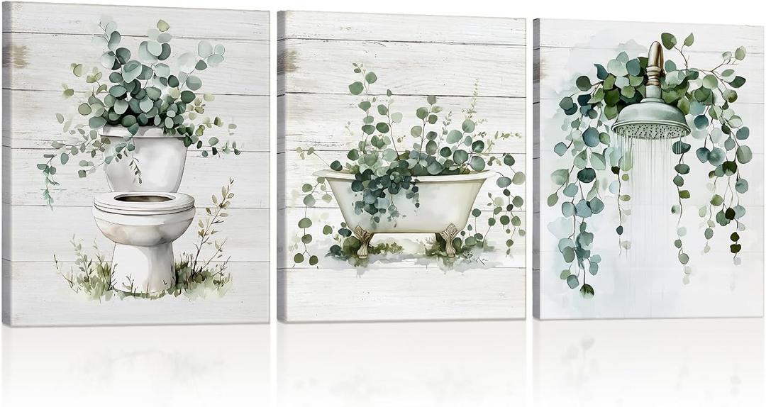 Dunzoom 3 Pcs Vintage Framed Eucalyptus Herb Bathroom Wall Rustic Botanical Sage Green Canvas Prints Set Farmhouse Leaves Wall Decor for Bathroom Bedroom Living Room, 8'' x 10''