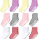 CozyWay Kids Socks With Grippers Non Slip Crew Grip Socks for Girls and Boys Soft Comfy Cotton Unisex - 12 Pack (7-9 Years, Pink & Purple)