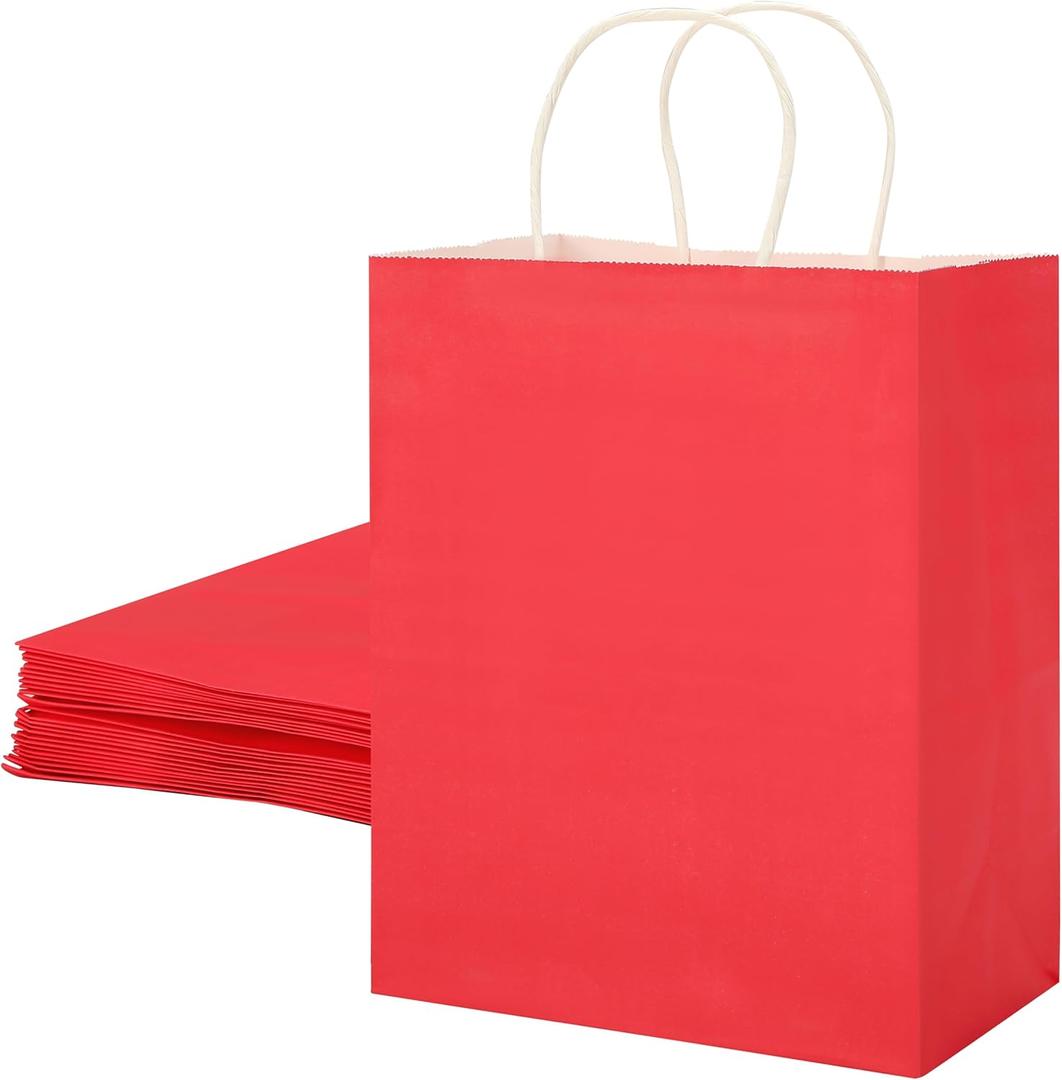 SUNCOLOR 25 Pack Red Gift Bags with Handles 8x4.5x10 Medium Bags for Shopping, Retail, DIY, Wedding, Party Favors & Valentine's Day