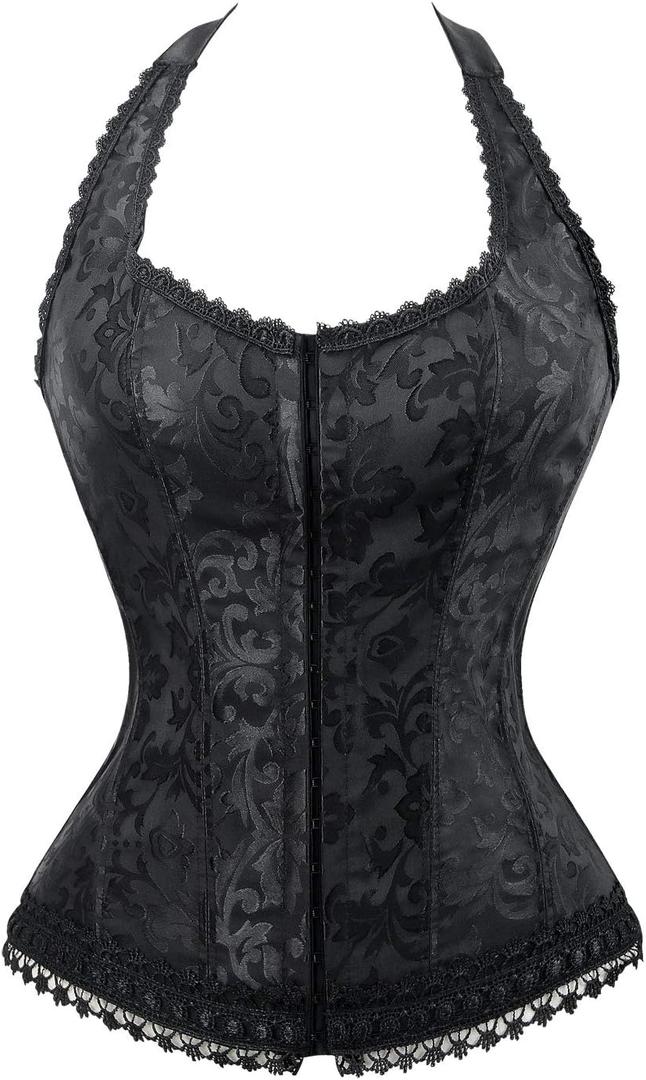 Kimring Women's Fashion Elegant Halter Satin Jacquard Lace Edge Corset (XX-Large, Black-upgraded)