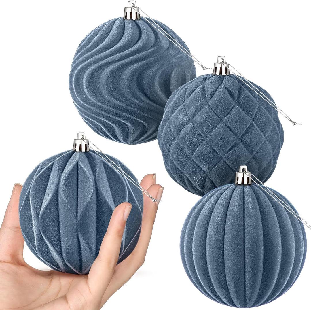 Blueweenly 4 Pcs 4 Inch Large Velvet Christmas Ball Ornaments Vintage Christmas Plastic Ball Ornaments Flocked Tree Hanging Decoration for Xmas Party Wedding Home Decor(Grey Blue)