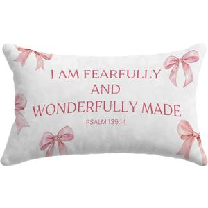 Coquette Pink Bow Christian Pillow Covers 12x20, Christian Room Home Decor, Coquette Room Decor, Psalm 139:14 Religious Bible Verse Decorative Lumbar Pillow Covers