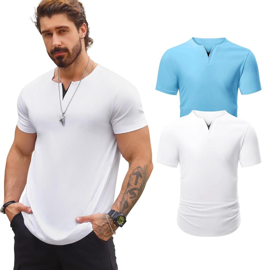 Mancozy Mens V-Neck T Shirts Casual Fashion Longline Shirt Tee for Men (White, XL)