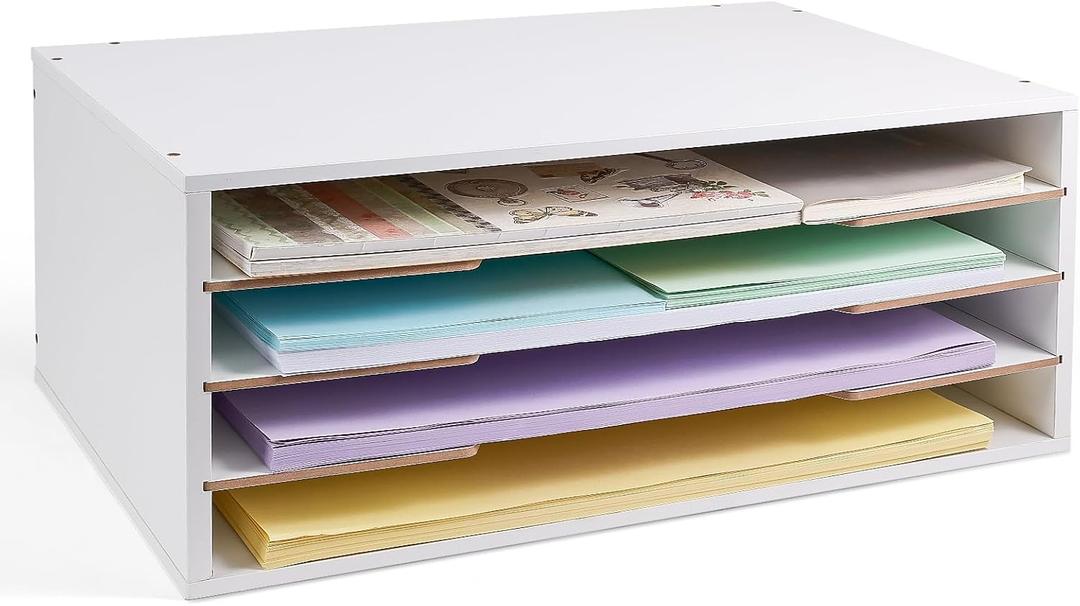 Yumkfoi 12x18 Construction Paper Organizer, 4-Tiers Paper Storage Shelf, Wooden Desk Organizer, File Holder and Letter Tray for Office, Home, Classroom