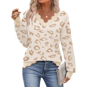 Zeagoo Women's 2025 Fall V Neck Sweater Casual Long Sleeve Lightweight Ribbed Knit Pullover Sweaters Dressy Casual Tops (XL, Z- Leopard Print)