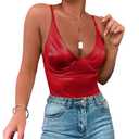 Velius Women's Sexy Deep V Neck Shiny Thong Bodysuit Tank Tops with Underwire (Red,Medium)
