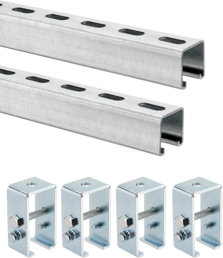 4.75 Feet Strut Channel Trolley Track 1-5/8", with Channel Trolley Track Hanger Bracket, 12 Gauge Metal Steel U Channel with Short Slotted Back Channel, Pack of 2 Metal Strut Channel