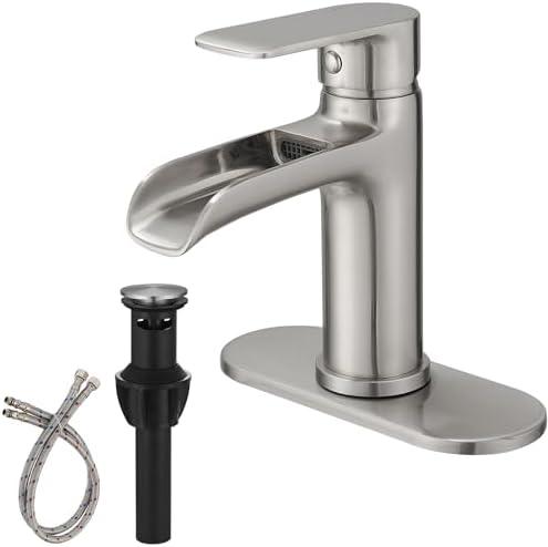 BWE Brushed Nickel Waterfall Bathroom Faucet with Pop Up Drain Single Hole Bathroom Sink Faucet Single Handle Sink Faucet RV