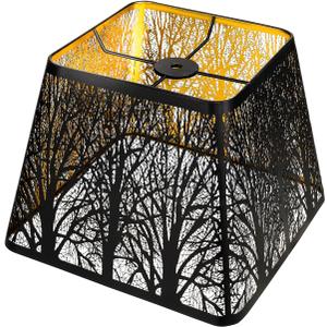 Medium Square Lamp Shades, ALUCSET Metal Lampshade with Pattern of Trees for Table Lamp and Floor Light, 7 x 10 x 7.5 Inch, Pattern of Trees (Black/Gold)