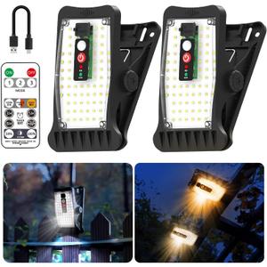 Clip On Solar Motion Lights Outdoor Waterproof, 800LM, 70 LED, 3 Color Temperature, USB & Remote Control, 2 Pack Portable Solar Powered Light Outside for Gutters Fence Garage Camping