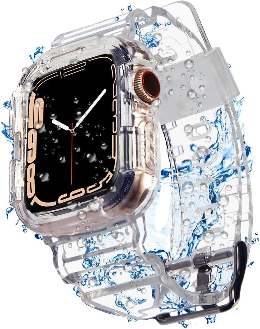 Blingbrione Compatible Apple Watch Band with Case 42mm/ 44mm, Shockproof Impact Resistant Rugged Bumper Cover with TPU Silicon Soft Transparent Wristband for iphone Watch Series 6 5 4 3 2 1 SE.iwatch Sport Strap for Women Man (Clear)  Blingbrione Compatible Apple Watch Band with Case 42mm/ 44mm, Shockproof Impact Resistant Rugged Bumper Cover with TPU Silicon Soft Transparent Wristband for iphone Watch Series 6 5 4 3 2 1 SE.iwatch Sport Strap for Women Man (Clear)