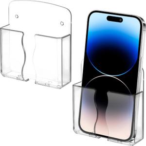 Ymapinc 2Pcs Wall Mount Phone Holder Transparent Wall Phone Holder for Bed Self Adhesive Cell Phone Wall Holder with Charging Hole for Most Cell Phone, Bedside Remote Control Stand