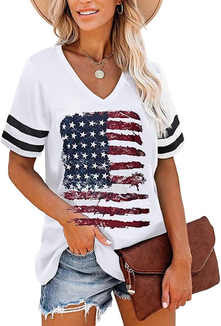 Women's V-Neck Short Sleeve Basic Patriotic American Flag Star Red White Blue Holiday Shirts (White, L)
