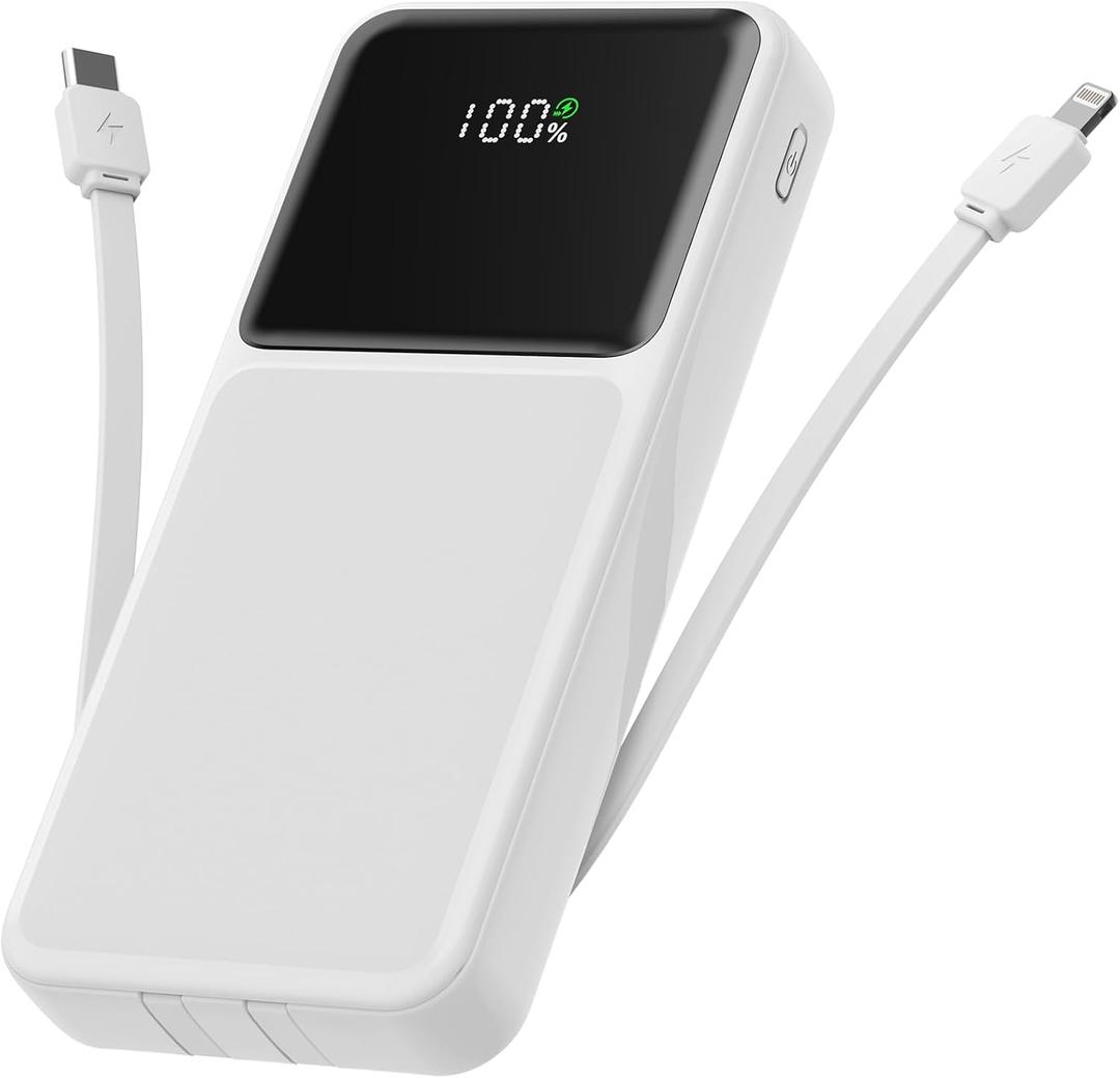 26800mAh Portable Fast Charger with Build in Cables, 22.5W Power Bank with PD 3.0+QC 4.0 LED Display, High Capacity Phone Battery Pack Tracel Essentials Compatible with iPhone Samsung Google, etc (white)