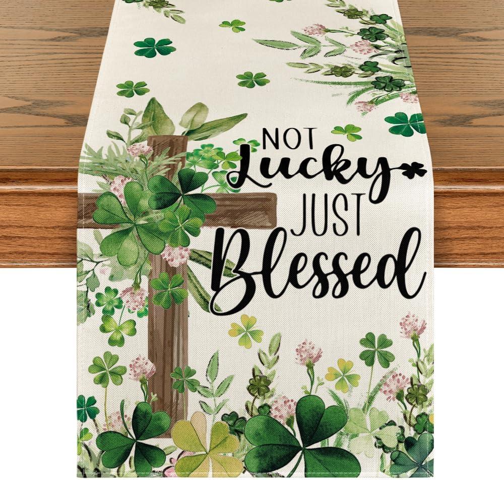 Artoid Mode Cross Clover Shamrocks St. Patrick's Day Table Runner, Not Lucky Just Blessed Kitchen Dining Table Decoration Home Party Decor 13x90 Inch (Green/Beige)