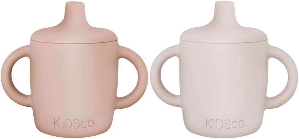 KIDSco. Silicone Sippy Cups (2 Pack) Soft Spout & Easy Grip Handles for Babies 6+ months, Plastic Free, Toxic Free Silicone, Leak-Resistant, Dishwasher Safe (Pink and Sandy Shore)